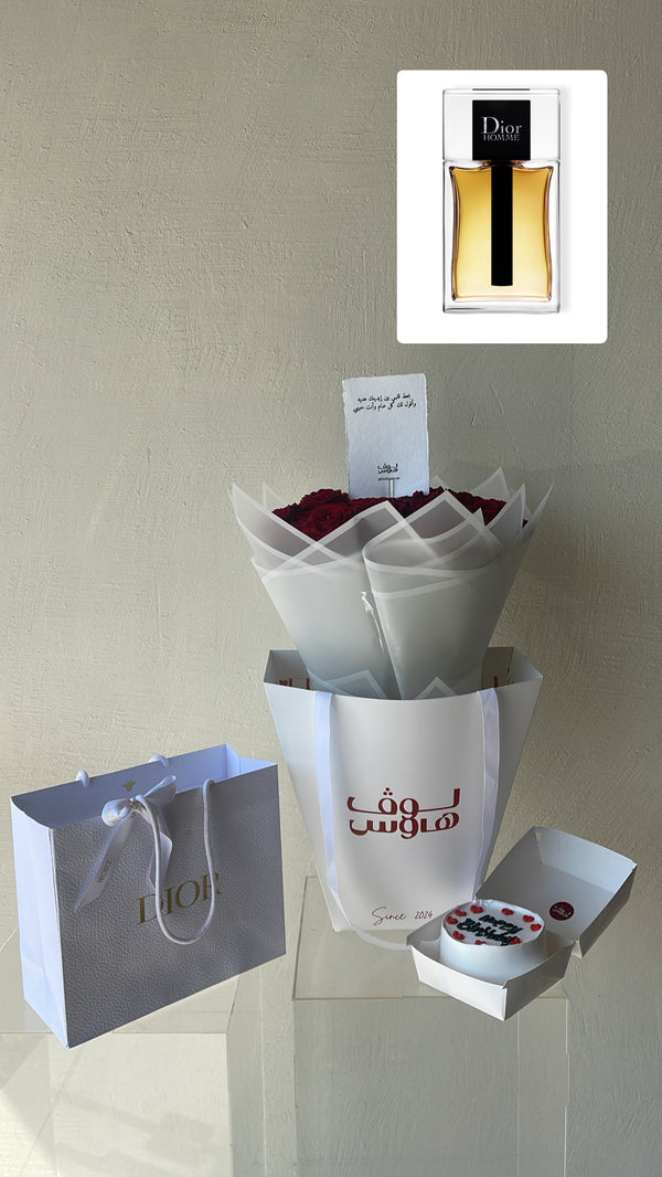 عطر Dior مع باقة حمراء وكيكة